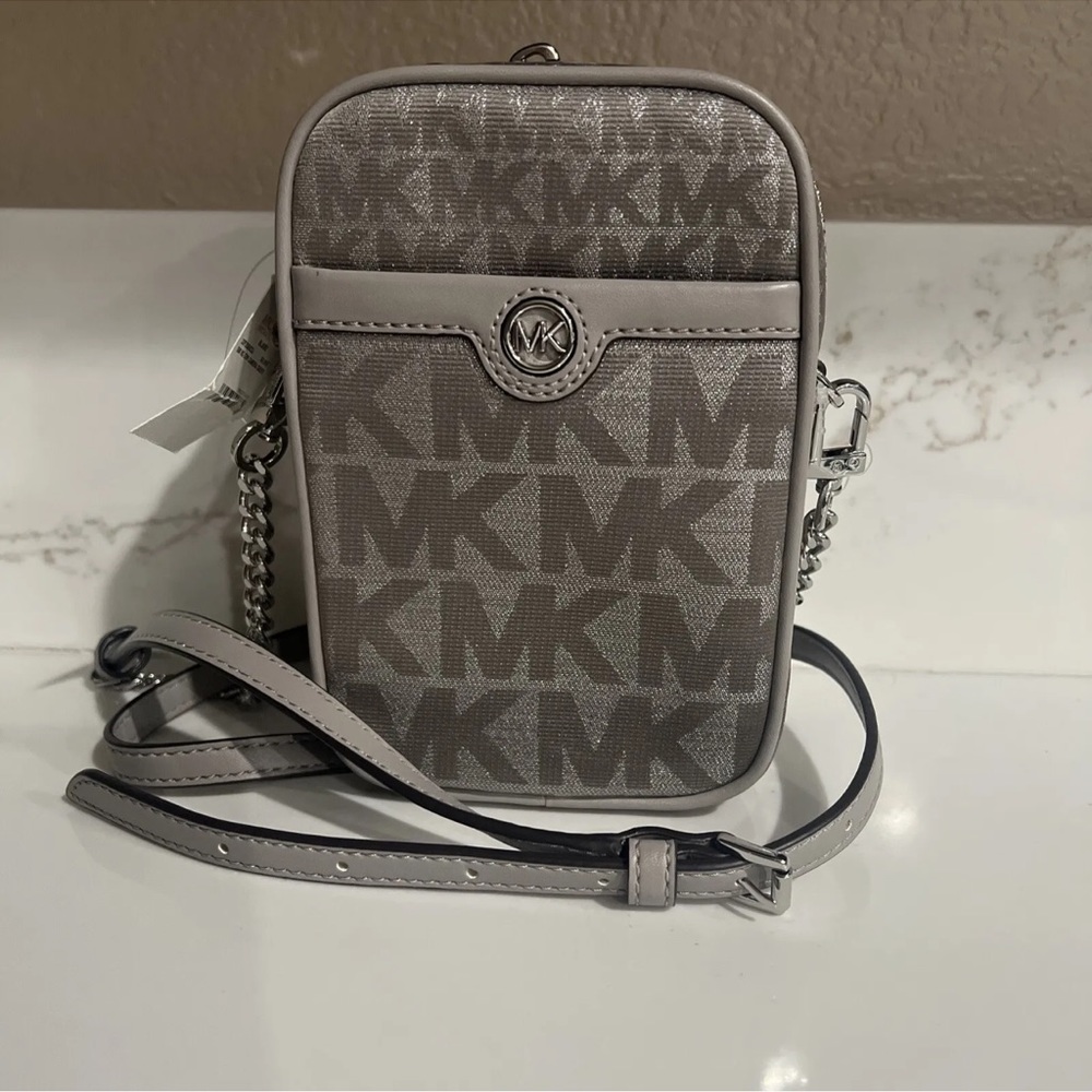 Michael Kors Blaire Silver Signature Logo North South Chain Camera Crossbody Bag